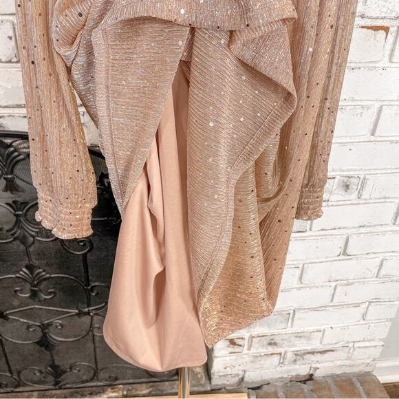 Nina Leonard Rose Gold Metallic Chiffon Sheer Mock Neck Cocktail Midi Dress - Picture 13 of 16